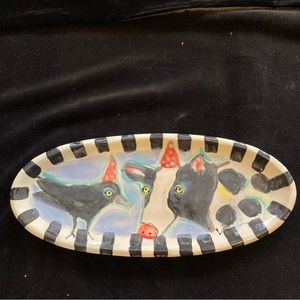 Handmade Ceramic Serving Tray”Crow and Cow Friends Design 13” x5.5”Original